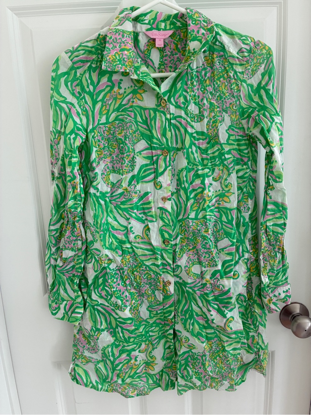 Lilly Pulitzer Green,Pink, Yellow Floral Print Shirt Dress or Swim Coverup XS